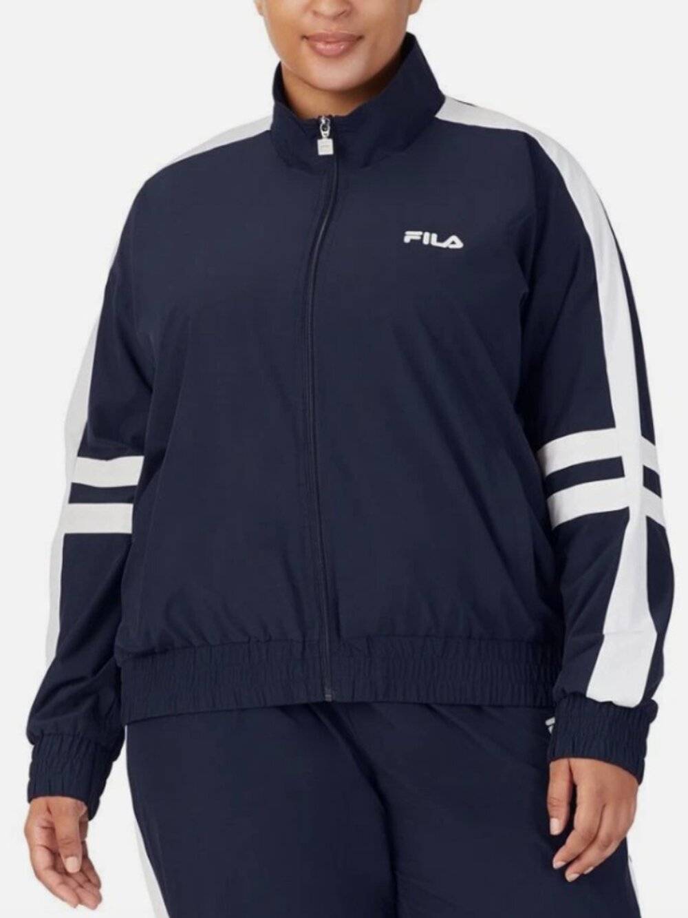 FILA Women's Track Jacket Plus Size 1X/2X Zip-Front Logo Windbreaker Navy Blue